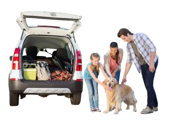 Family getting ready to go on road trip on a sunny day