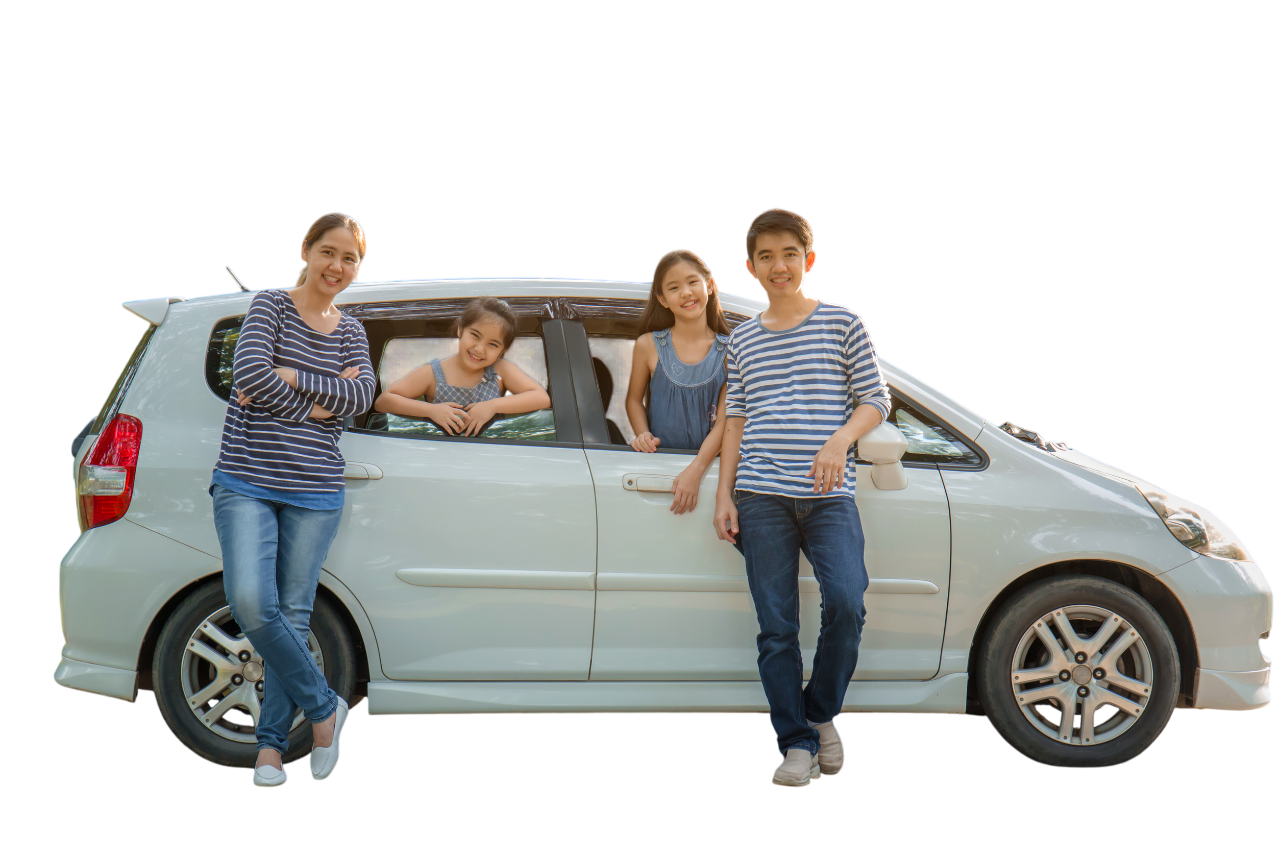 Happy family with mini van are smiling and preparing for travel